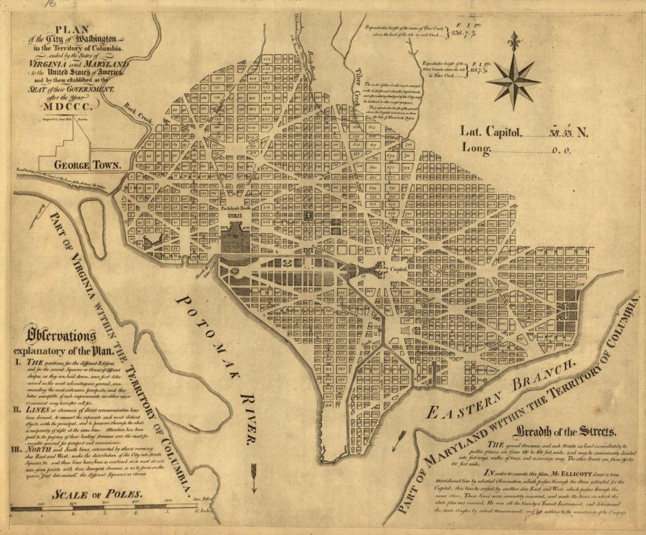 A map of Washington, D.C. prepared by Andrew Ellicott in 1793. Benjamin Banneker worked as an assistant surveyor on Ellicott's crew.