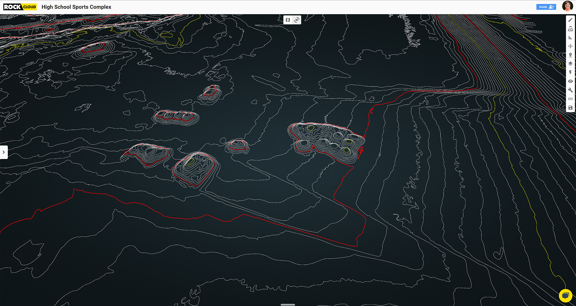 Contours of the high school sports complex captured with ROCK R2A LiDAR.