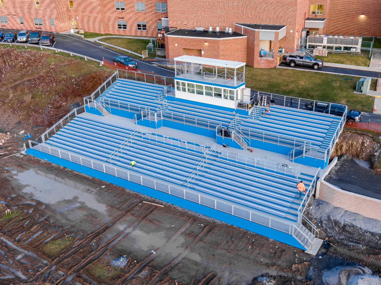 Newly constructed bleachers at the high school football field, which is still in progress.