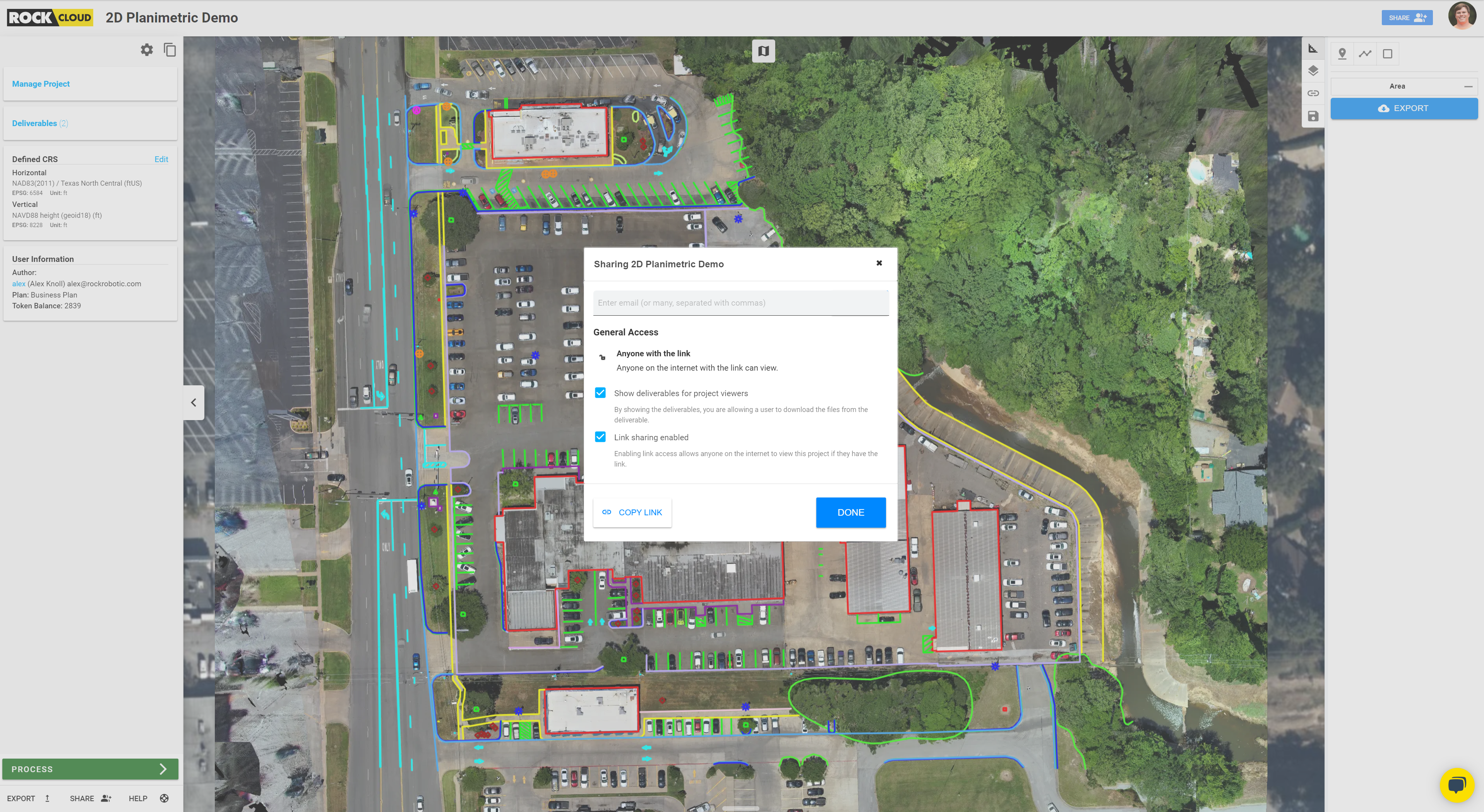 Easily share ROCK Planimetrics projects with clients in ROCK Cloud.