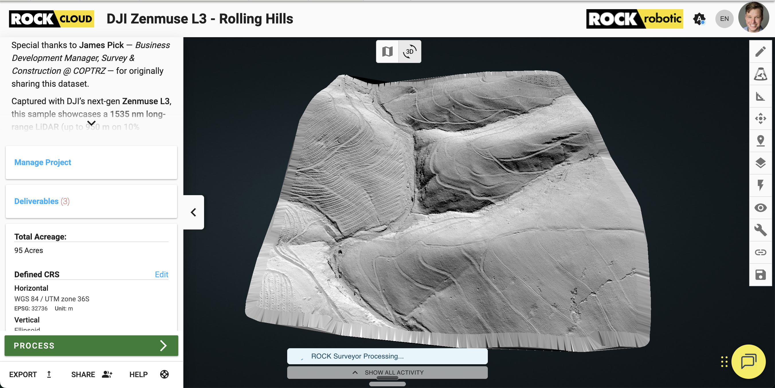 DJI Zenmuse L3 Rolling Hills dataset surface model in ROCK Cloud