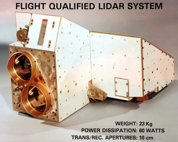 The Apollo Laser Altimeter (1971) was flown on Apollo 15-17. Image used courtesy of NASA and James Abshire.