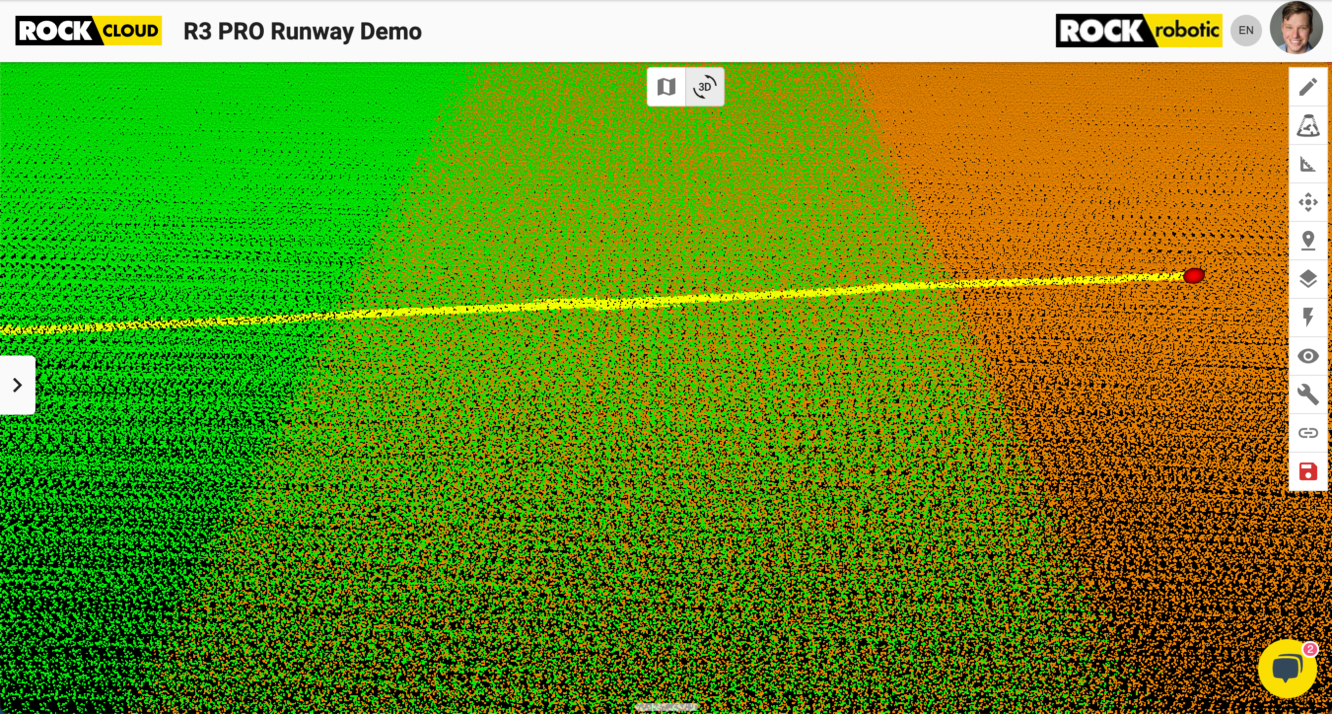 Close up view depicting the mixture of orange and green. Orange and green corresponds to a down pass and an up pass of the flight lines from the mission flown