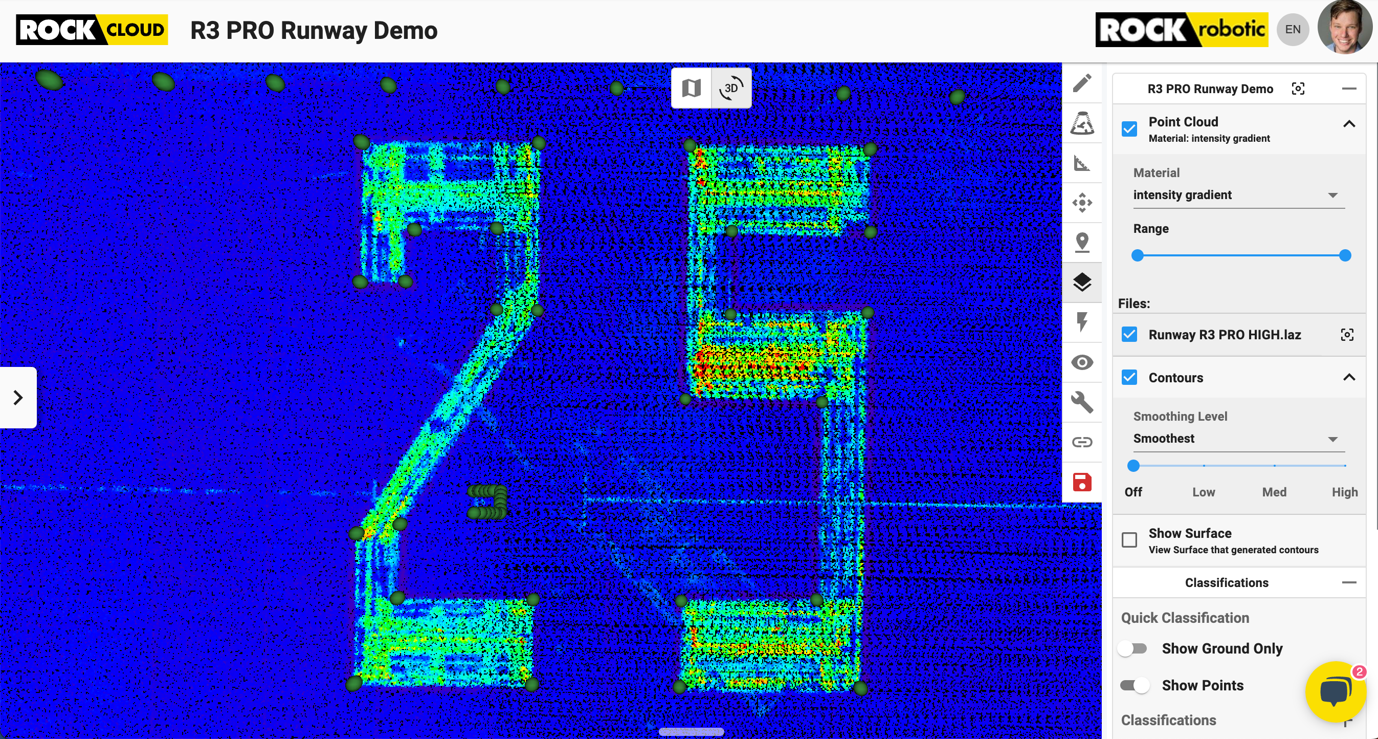 Alignment of the RTK points with the intensity view of the R# Pro dataset