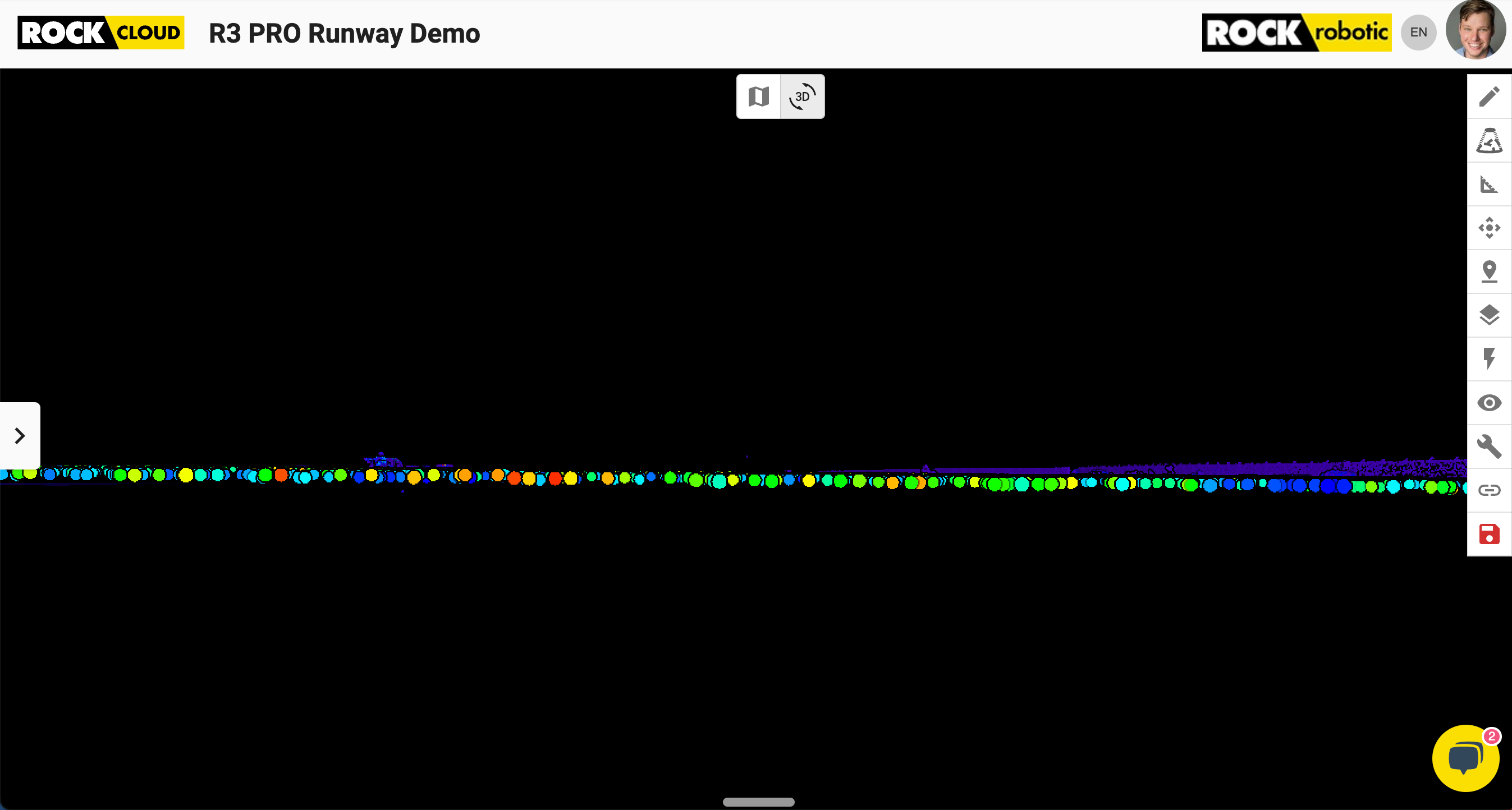 Intensity gradient view of the dataset and oriented to look straight down the runway. The variation in the vertical is almost non-existent