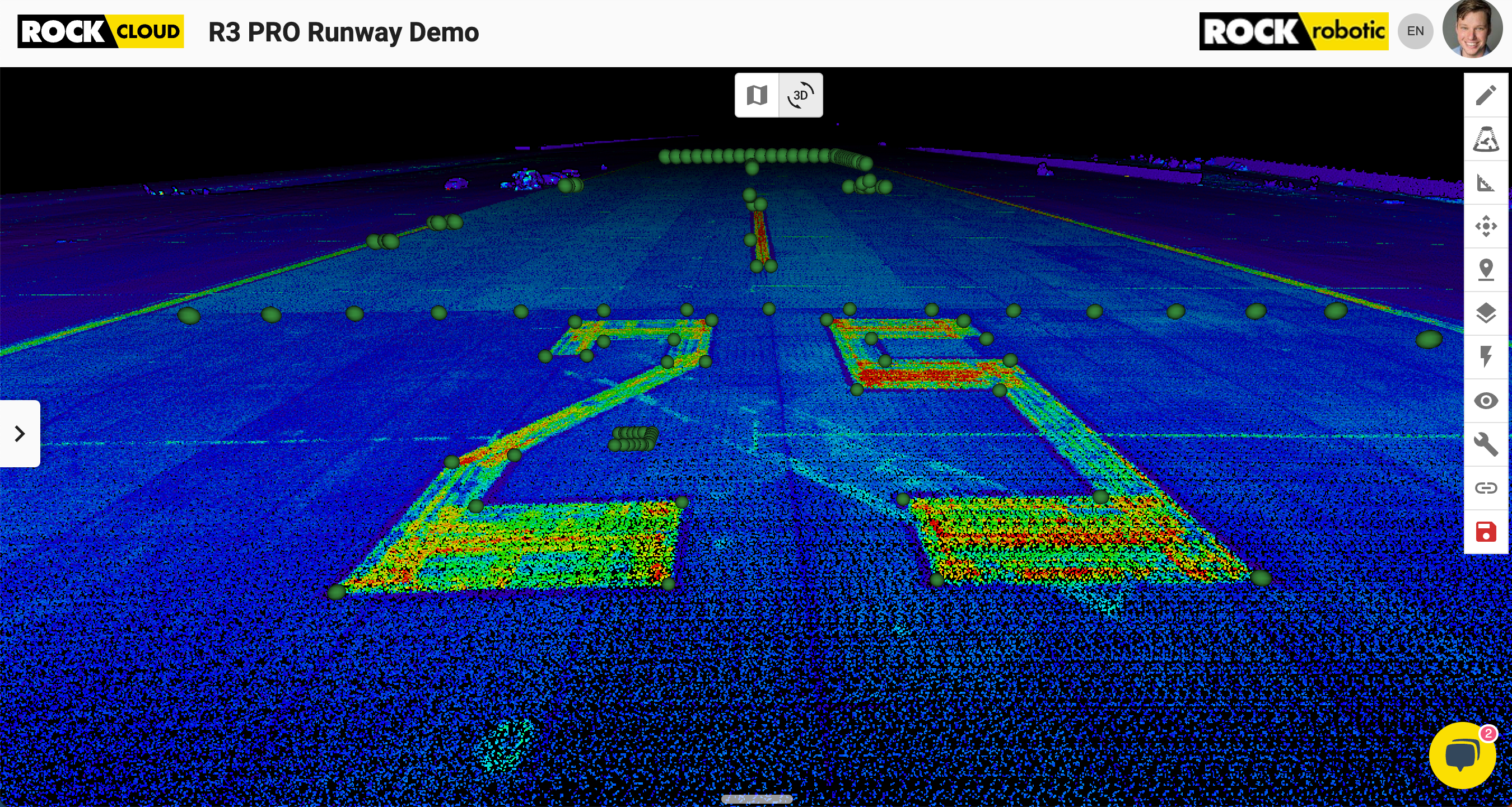 Intensity view with RTK check points overlaid on the ROCK R3 PRO runway dataset, visualized in the ROCK Cloud.
