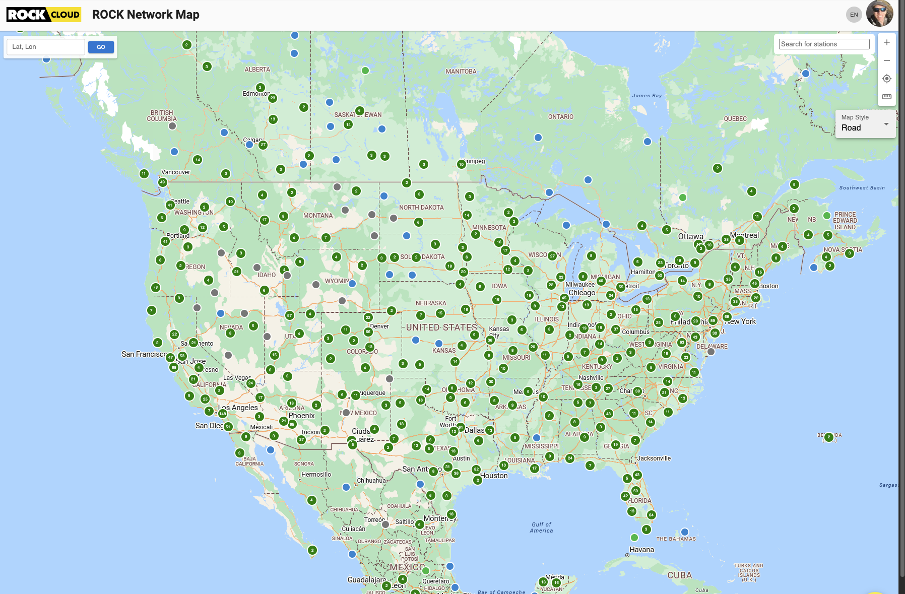 ROCK Network interface showing base stations