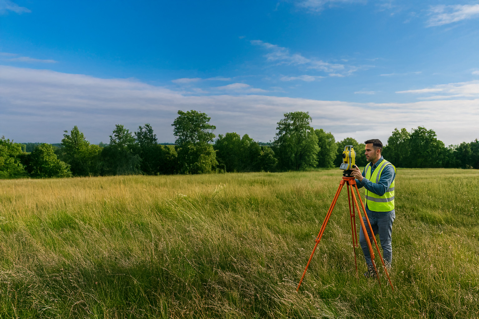 Land Surveyor with Total Station in Field